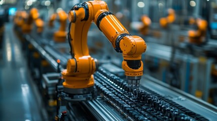 Poster - robotic arm monitoring production efficiency in an industrial facility during daytime operations