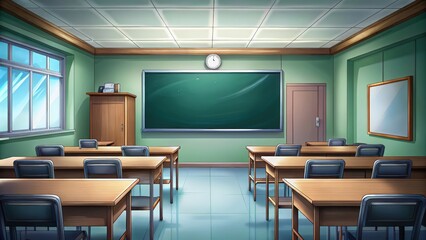 Wall Mural - An empty classroom with desks, chairs, a chalkboard, and a clock