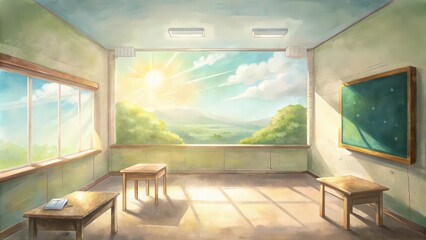 Sticker - Empty Classroom with Sunlight Streaming through Window and Mountain View