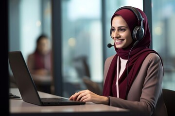 Wall Mural - Qatari woman working at call center laptop headphones computer.