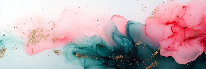 Poster - Abstract fluid art in pink, mint green and black with gold lines, floral design, on white background