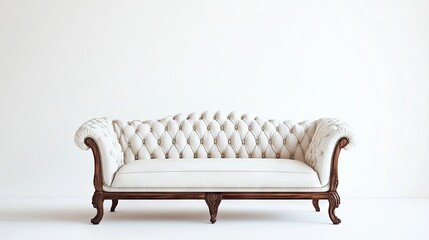 Wall Mural - An opulent vintage sofa with elegant fabric and finely detailed wooden legs on a pristine white background.