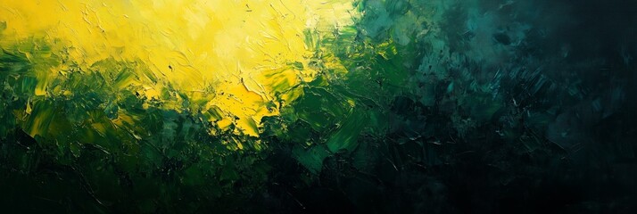 Poster - Abstract green and yellow oil painting, with thick brush strokes creating abstract shapes