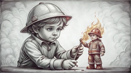 A young boy wearing a helmet holding a small toy firefighter in flames