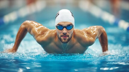 Professional swimmer performing breaststroke in a swimming pool, competitive sport concept