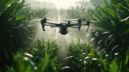 Poster - Close-up of a drone spraying crops with precision, using data analytics for targeted pest control.