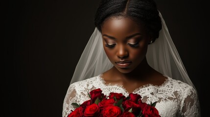 Stunning black bride in white lace wedding dress with veil holding bouquet of roses