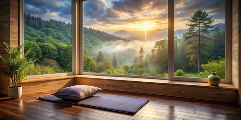Poster - Serenely lit window overlooks natural scenery as a vacant yoga mat and meditation pillow occupy the space, evoking feelings of calmness and inner peace.