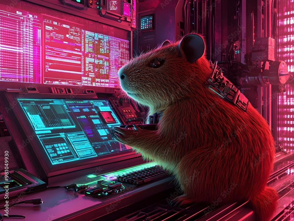 Capybara Hacker Immersed in Surreal Digital Landscape with Holographic ...