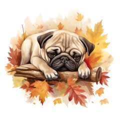 Canvas Print - Watercolor pug sleeping animal cartoon mammal.