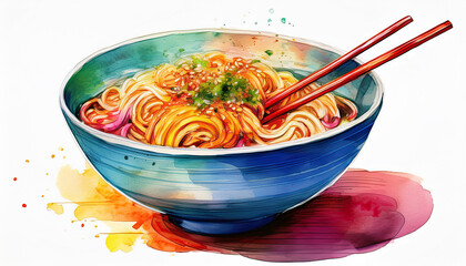 Watercolor painting of bowl of noodles with chopsticks isolated on white. Tasty food. Delicious meal