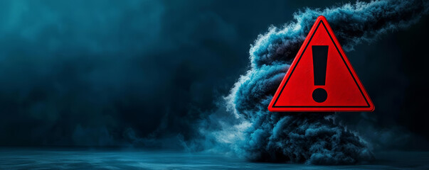 Bold exclamation mark in a red triangle overlaid on an image of a swirling tornado, representing an urgent tornado warning