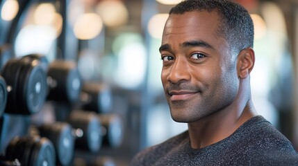 Smiling man in gym with weights background