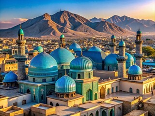 Vibrant blue-domed mosques and ancient architecture mingle with modern buildings in Mazar-e-Sharif's bustling