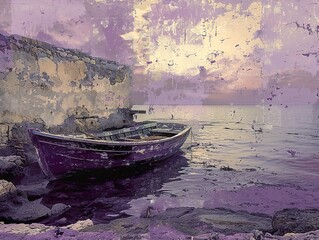 Wall Mural - Purple Sunset Seascape with a Boat