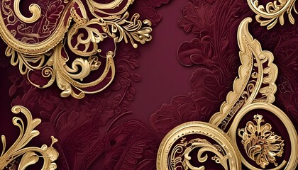 Wall Mural - Opulent Burgundy Background Featuring Embossed Gold Paisley Design for Sophisticated Branding and Marketing