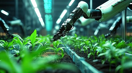 Poster - Robots planting seeds in a highly controlled indoor farming environment for year-round crop production.