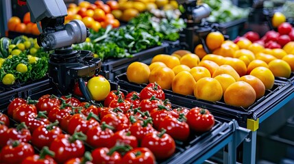 Poster - Robots sorting fruits and vegetables based on size, color, and ripeness in a high-tech food processing plant.