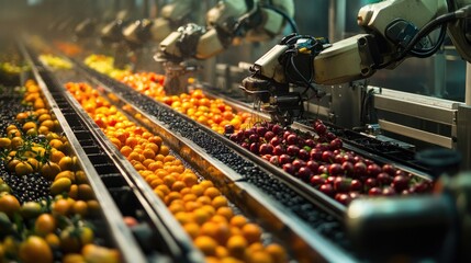 Poster - Robots sorting fruits and vegetables based on size, color, and ripeness in a high-tech food processing plant.