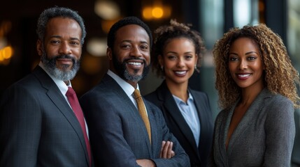 Confident Business Leadership: A portrait of a diverse and accomplished business team, exuding professionalism and success in a modern office setting. 