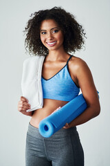 Wall Mural - Exercise mat, smile and portrait of woman in studio for self care, wellness and fitness in morning. Confident, athlete and person with towel for training, workout and healthy body on white background