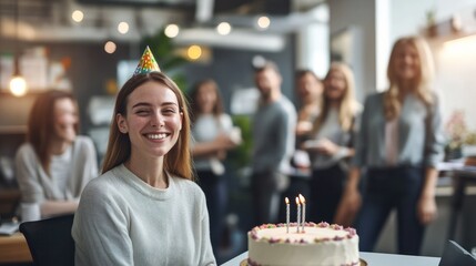 Wall Mural - Smiling woman with birthday hat and cake in office