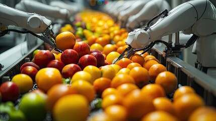 Poster - Robots sorting fruits and vegetables based on size, color, and ripeness in a high-tech food processing plant.