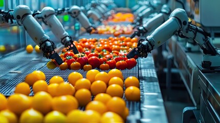 Poster - Robots sorting fruits and vegetables based on size, color, and ripeness in a high-tech food processing plant.