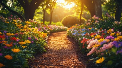 Poster - A winding path surrounded by colorful blooms leads through a tranquil garden during sunset, casting a warm glow on the flowers and greenery