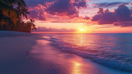 Poster - The sun sets dramatically over the calm ocean, casting colorful reflections on the water and illuminating the sandy beach lined with palm trees