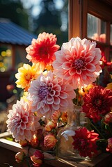 Sticker - Vibrant dahlias in shades of pink, red, and yellow fill a glass vase near a rustic window, basking in warm sunlight, creating an inviting autumn atmosphere