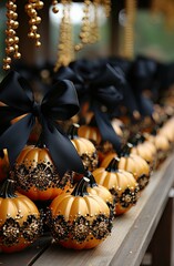Poster - A collection of beautifully decorated orange pumpkins, each tied with a black ribbon and embellished with intricate designs, is arranged on a rustic wooden shelf against a festive backdrop