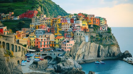 The colorful houses of Cinque Terre, Italy, perched on cliffs above the sea.