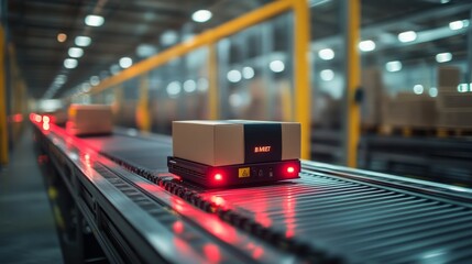 Poster - AMR transports fragile items along conveyor belt in a modern warehouse during daytime operations