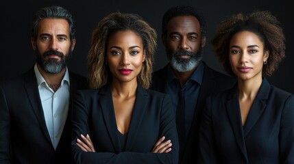 Wall Mural - Confident Leaders, United Front: A diverse team of executives exudes power and determination in this striking portrait against a black backdrop. 