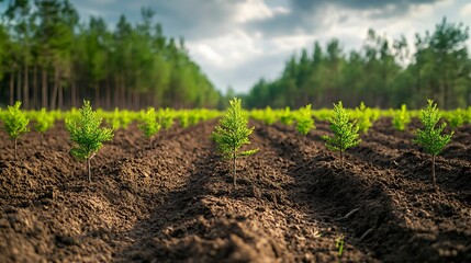 rows of young evergreen seedlings growing in fertile soil, symbolizing reforestation, sustainable fo