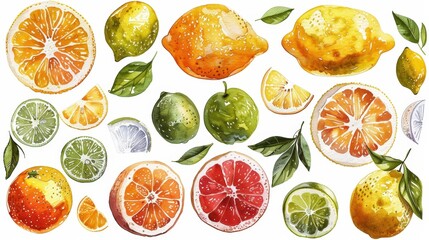 Poster - A vibrant illustration features a variety of citrus fruits, including oranges, lemons, limes, and grapefruits, artfully arranged with green leaves on a clean white backdrop