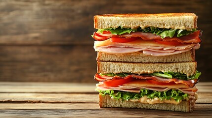 A delicious club sandwich stacked high with ham, crispy bacon, lettuce, tomato, cheese, and creamy sauce on toasted bread.