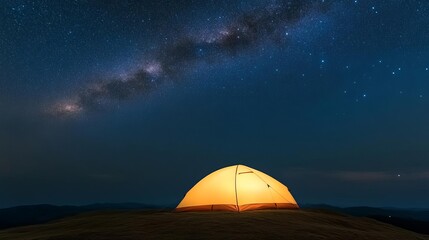 scenic view of a remote camp on a hill, tent illuminated, stars above, camping stargazing, isolation