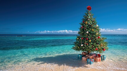 Aufkleber - A beautifully decorated Christmas tree, complete with ornaments and a star on top, stands at the shoreline, surrounded by brightly wrapped gifts, under a clear blue sky