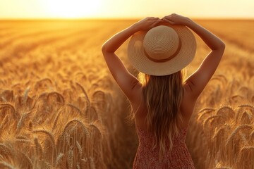 Wall Mural - Woman in a Wheat Field at Sunset