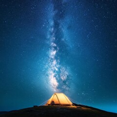 wide shot of a camp on a hilltop, stars above, camping stargazing, reaching for the stars