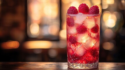 Wall Mural - Refreshing raspberry drink with ice served at a bar during a cozy evening gathering