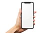 © stock.finder - Hand holding a smartphone with a blank white screen isolated on a white background. Mobile phone mockup concept.