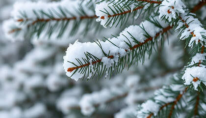 Wall Mural - snowy pine tree branches close up, beautiful natural background. Frozen tree branch in winter forest, cold weather. Christmas, new year holidays concept. festive winter season isolated with white hi