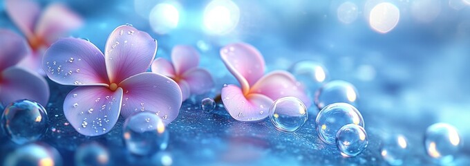 Sticker - Delicate Pink Flowers with Water Droplets and Bubbles