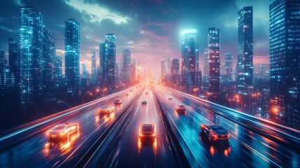 Aerial view of a futuristic highway filled with sleek flying cars, weaving between towering skyscrapers, the city below glowing with neon lights and holograms