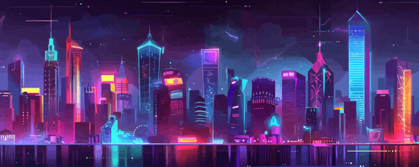 Wall Mural - cityscape neon vibes. retro urban skyline with glowing lights and vibrant hues, bustling streets, an
