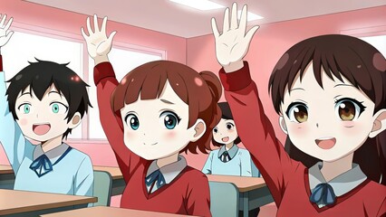 Sticker - Three Anime Students Raising Their Hands in a Classroom