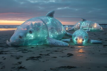 Illustration of A surreal beach scene with giant plastic sculptures shaped like marine animals, glowing with an inner light against a twilight sky. Ai Generate.
